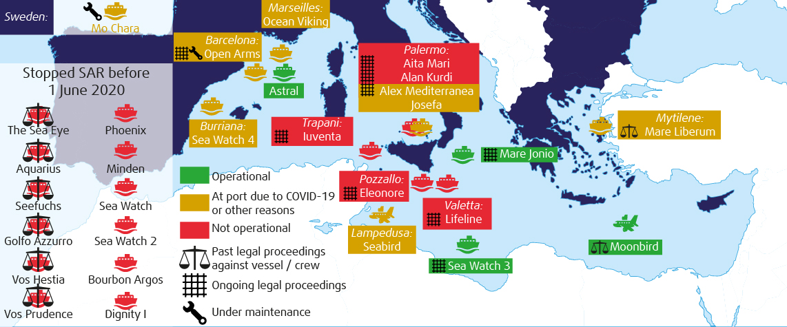 Map showing NGO ships involved in SAR operations in the Mediterranean Sea between 2016 and 15 June 2020