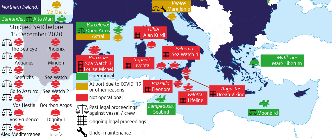 Map showing NGO ships involved in SAR operations in the Mediterranean Sea between 2016 and 15 December 2020