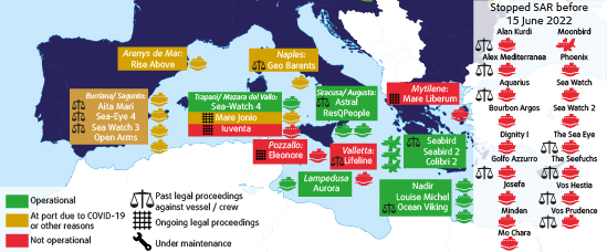 Map of NGO ships involved in SAR in the Mediterranean June 2022